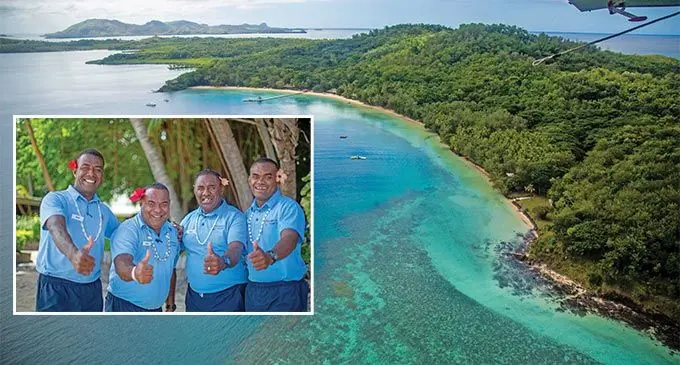 Turtle Island. Inset: Staff, from left: Maika Navuniivi,Erami Ravato,Seruvi Vakalolo and Jo Namuatabu. Photo: Leon Lord