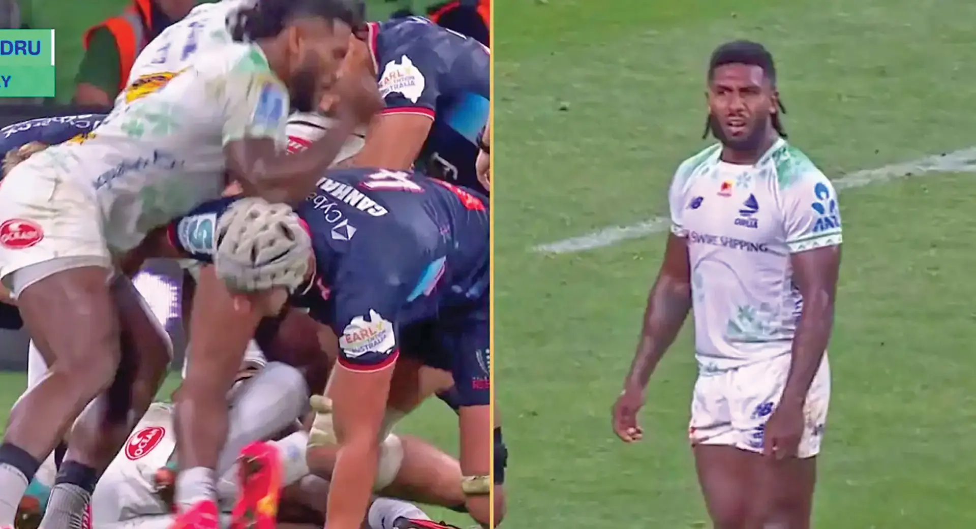 Fijian Drua's Frank Lomani was flashed a red card after he elbowed a Rebels player during their Super Rugby match last Friday in Melbourne, Australia. Photo: Planet Rugby