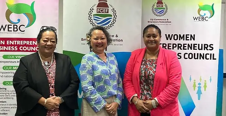 From left: WEBC and WIN Convention committee member, Vera Chute, WEBC acting chair and WIN Convention committee chair, Sharyne Fong and WEBC coordinator, Fiona Uagunu. Photo: Jernese Macanawai