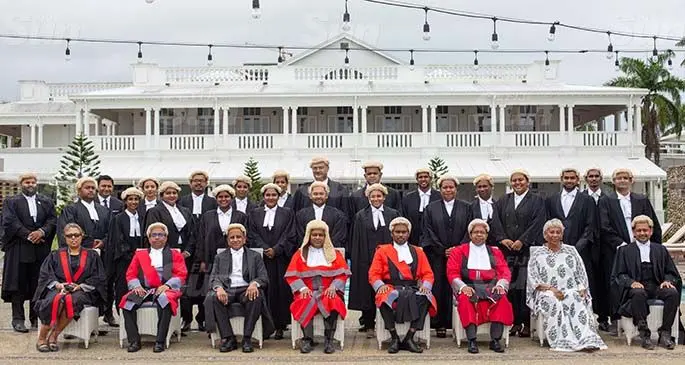 The new lawyers from the University of the Fiji with Acting Chief Justice Kamal Kumar (seated, fourth from left)in Suva, and Acting Vice-Chancellor of the University of Fiji Shaista Shameem (seated, second from right), with stakeholders at the Grand Pacific Hotel on April 9, 2021. Photo: Wati Talebula-Nuku