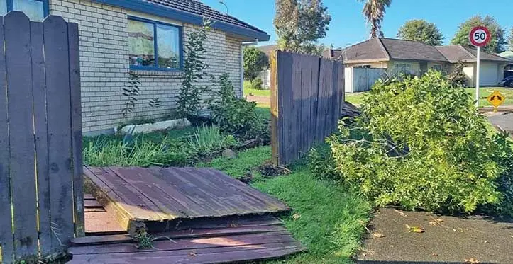 Properties are damaged and trees are down following a tornado that ripped through Auckland's East Tamaki on 9 April. Photo: RNZ
