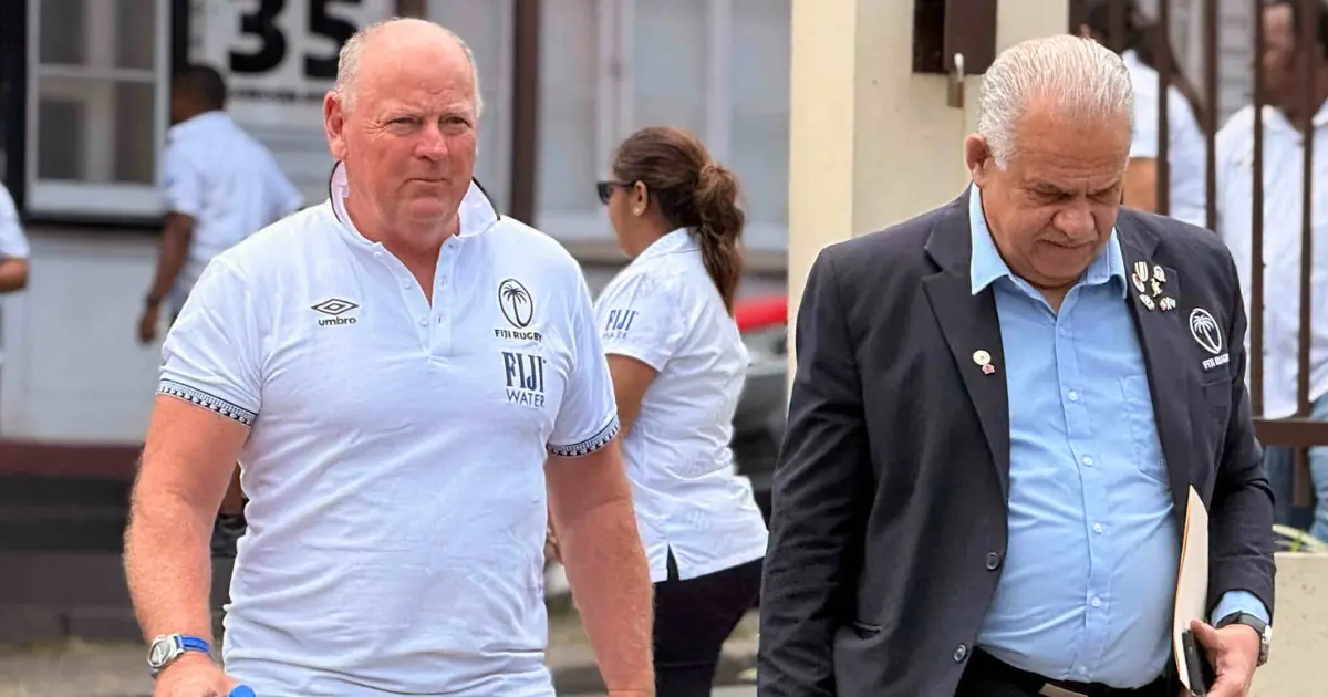 Flying Fijians head coach Jake White and Fiji Rugby Union chairman John Sanday.