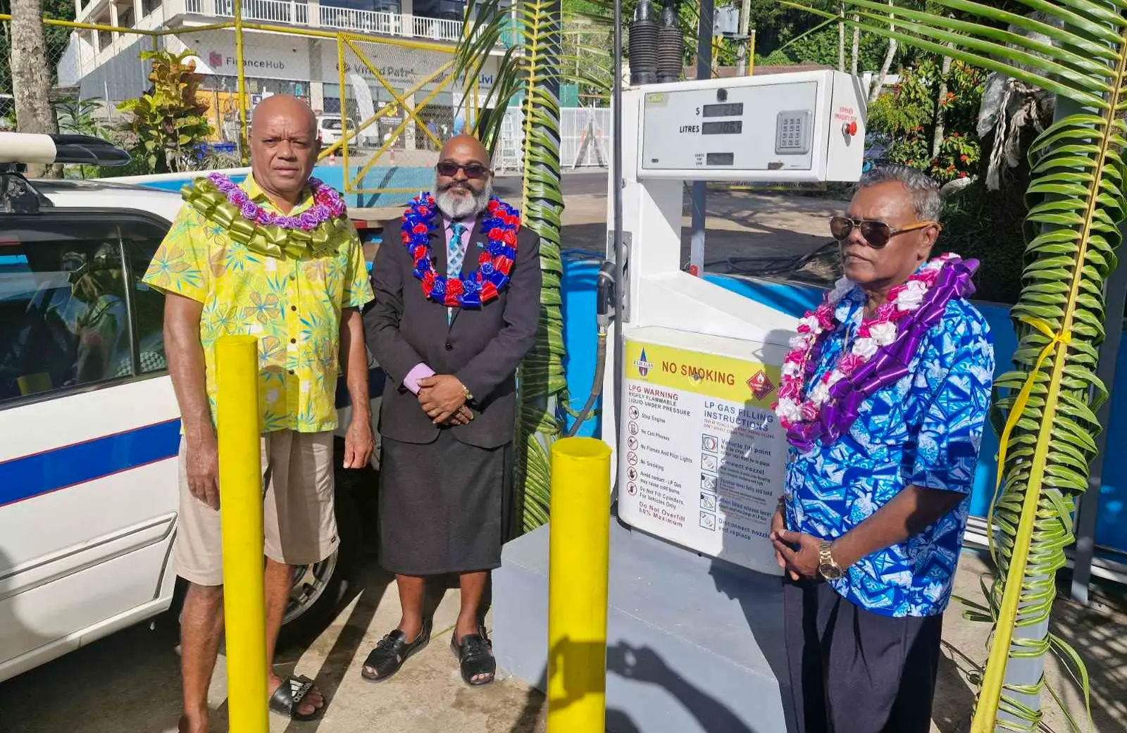 ui Nasavusavu Apenisa Lovodua, Assistant Minister for Commerce and Business Development Sachida Nand with Marimuttu and Sons Pte Limited managing director James Marimuttu during the opening of the LPG service station in Savusavu on July 3, 2026. 