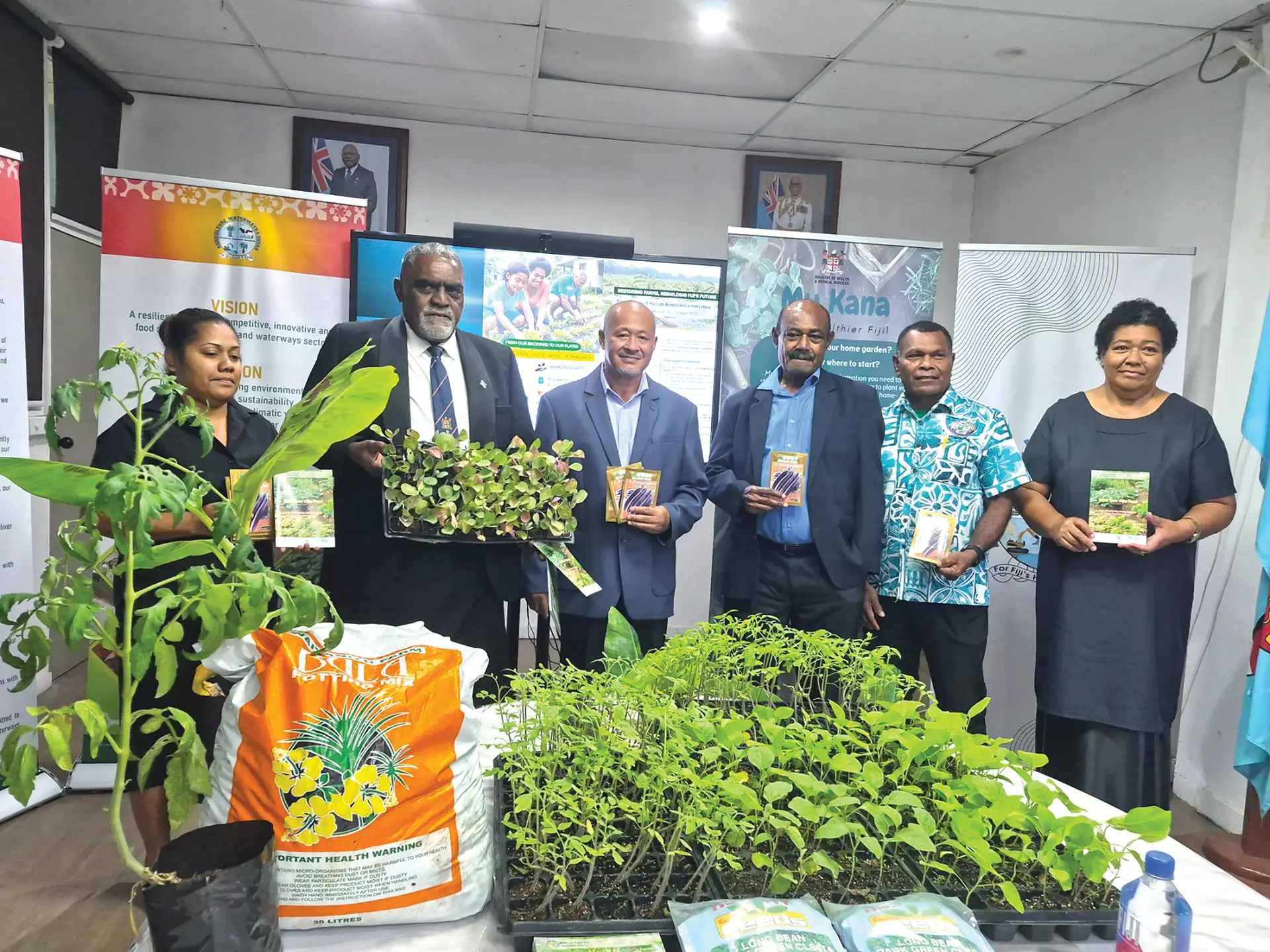 Minister for Agriculture and Sugar Industry Tomasi Tunabuna (second from left), permanent secretary Andrew Tukana, Assistant Minister for Agriculture Inosi Kuridrani with stakeholders during the launching of TC Vaianu Rehabilitation Plan on April 16, 2026.
