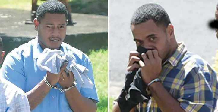 Murder accused Eroni Leone (left) and Tevita Racule, outside the Magistrates Court in Suva on April 10, 2023. Photos: Ronald Kumar