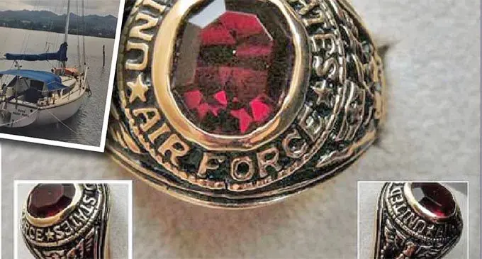  Bob Amos’ World War II ring. INSET: Bob Amos’ yacht.