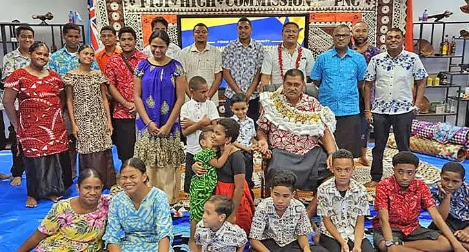 High Commissioner to Papua New Guinea Jackson Bernard Nato Evans, (with garland), with Fijian nationals at the Fiji High Commission Chancery in Port Moresby. Photo: Ministry of Foreign Affairs