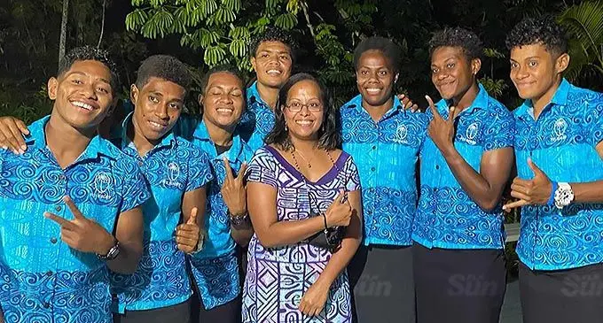 Fijiana captain, Rusila Nagasau (back- fourth from left) with some team members at the French Ambassadors Residence on December 16, 2021. Photo: Sereana Salalo