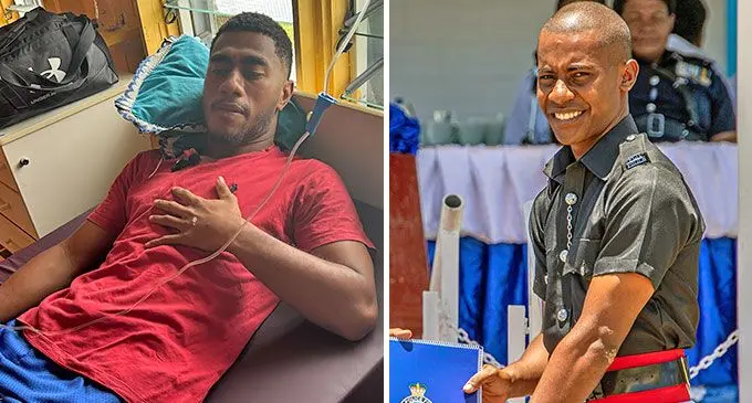 Maritime School student Vilikesa Bari at the Wainibokasi Hospital in Nausori and   Constable Apimeleki Vakarusabola Colamoto during an earlier Fiji Police Force ceremony.