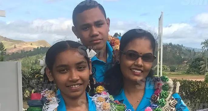 Sitting from left: Sanyogita Sanjani, Shobna Kumar (teacher) and Poseci Baleikasavu (back) at the Naleba College compound after the farewell programme on September 27, 2019. Photo: Laisa Lui