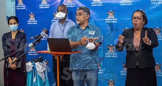 From left: Ministry of Health and Medical Services head of Health Protection Services Dr Aalisha Sahukhan, World Health Organisation (WHO) Team Coordinator Pacific Health Dr Akeem Ali, Permanent Secretary for Health and Medical Services Dr James Fong and sign language interpreter Claudette Wilson during the nationwide address in Suva on April 25, 2021. Photo: Leon Lord