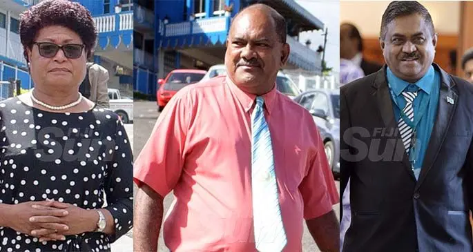 From left: SODELPA MPs Salote Radrodro and Peceli Vosanibola, FijiFirst backbencher Vijendra Prakash. Photos: Ronald Kumar