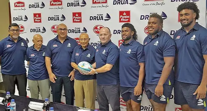 From left: Punjas board director Pravish Punja, Kanti Punja, Jaganath Punja, Rajesh Punja and Drua CEO Mark Evans, Fijian Drua reps Simione Kuruvoli, Tevita Ikanivere and Isoa Nasilasila during the sponsorship announcement in Navutu, Lautoka, on December 5, 2023. Photo: Waisea Nasokia