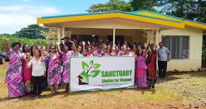 Minister for Women, Children and Poverty Alleviation, Mereseini Vuniwaqa with her Assistant Minister Veena Bhatnagar among the women of Soroptimist International outside the Sanctuary Shelter for Women that was officially handed over to the Ministry of Women, Children and Poverty Alleviation at Natabua, Lautoka, on March 20, 2021. Photo: Nicolette Chambers