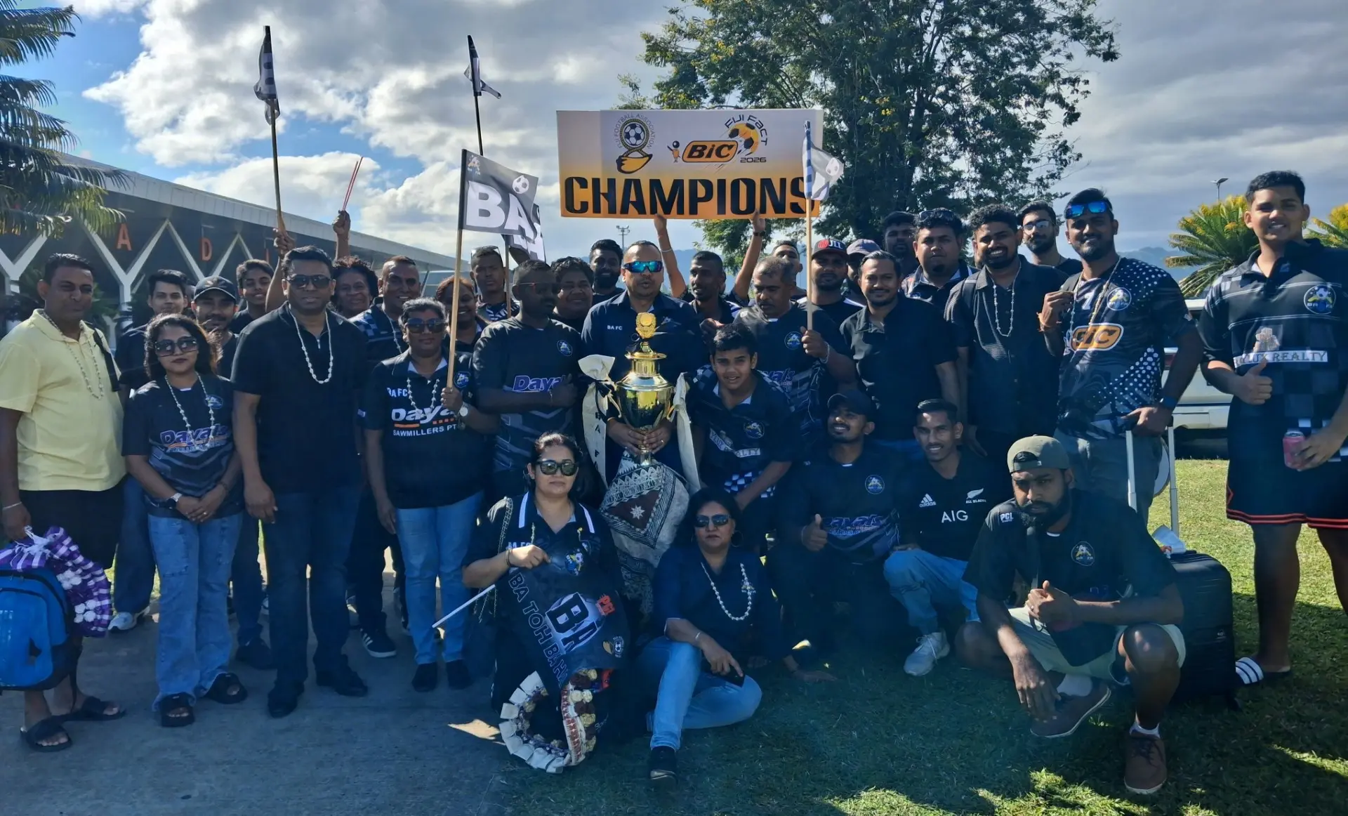Ba football players, officials and fans at the Nadi International Airport on June 29, 2026. 