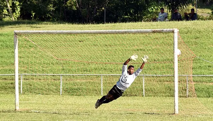 Rewa goalie Benito Waqavou fails to stop Rusiate Matererega's free kick during the Vodafone Premier League match at the Prince Charles park in Nadi yesterday. Photo: WAISEA NASOKIA
