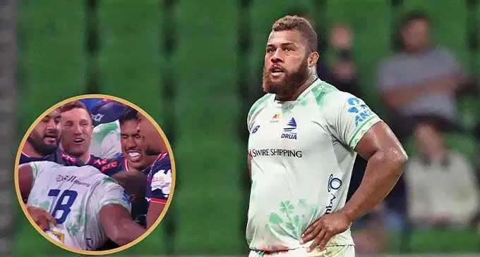 Swire Shipping Drua prop Jone Koroiduadua is facing a two-week ban for his headbutt (inset) during their game with Melbourne Rebels. Photo: Planet Rugby