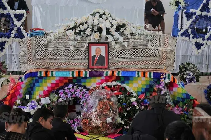 The casket of the late former prime minister lies inside the Mavana Methodist Church in Mavana. Photo: Inoke Rabonu