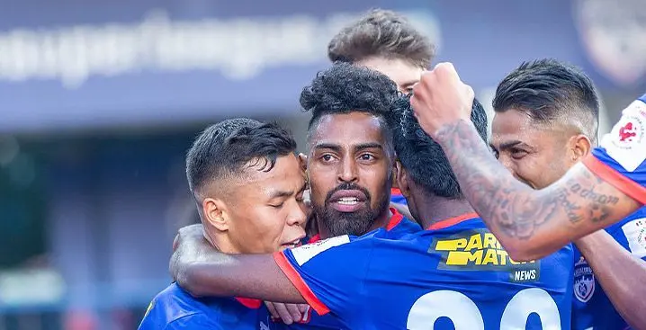 Roy Krishna (facing camera) is congratulated by teammates after he scored a goal on January 14, 2023. Photo: IPL