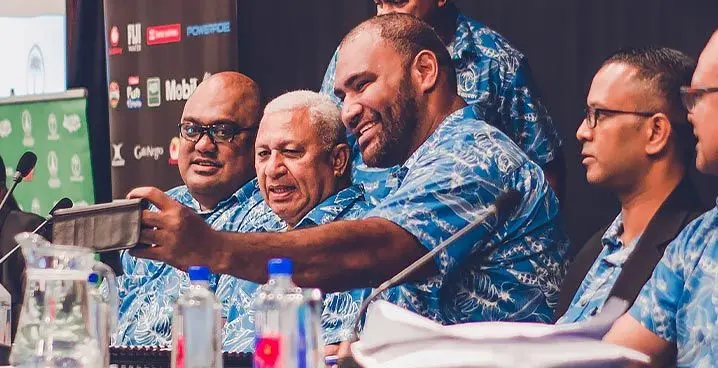 From left FRU chairman Humprey Tawake, FRU president Voreqe Bainimarama takes a selfie with interim chief executive officer Tevita Tuiloa during the FRU SGM on January 21, 2023 . Photo: Fiji Rugby