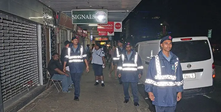 Police officers on foot patrol along Victoria Parade in Suva on August 2, 2019. Photo: Ronald Kumar