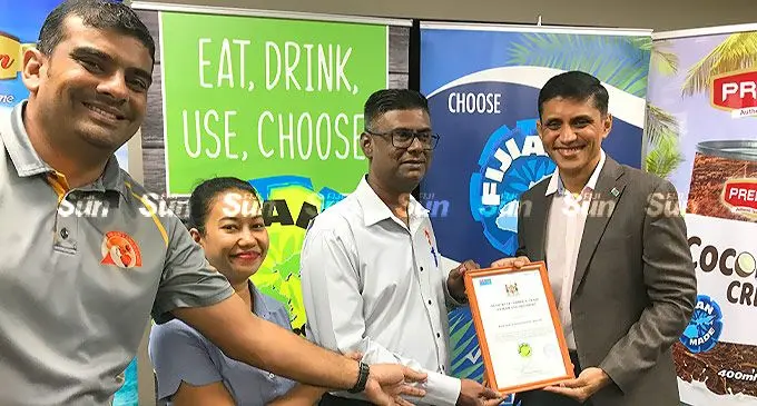 From left: Ram Sami and Sons Business Development Manager, Abdul Shameer, Operations Manager, Sivaanantham Supramaniam, Permanent Secretary for Commerce, Trade, Tourism and Transport, Shaheen Ali, and Quality Assurance Supervisor and Research and Development Officer, Shivanjaly Sami, during the presentation of Fijian Made certifications in Suva, on May 24, 2022. Photo: Frederica Elbourne