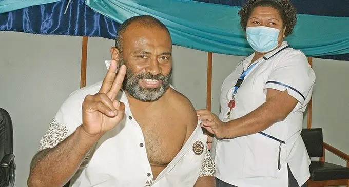 Minister for Health and Medical Services Dr Ifereimi Waqainabete gets his AstraZeneca shot from Staff Nurse Kesaia Naqona in Suva on March 18, 2021. Photo: Ronald Kumar