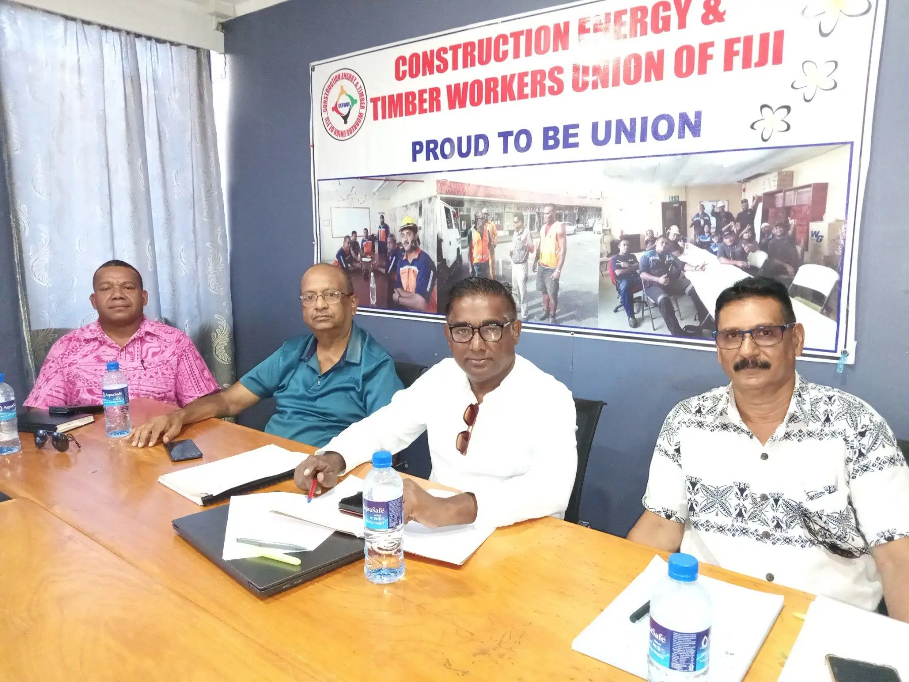  (L-R) Fiji Local Government Officers Association president Charley Saukuru, Transport Commerce and General Workers Union general secretary Kamlesh Kumar, Finance Sector Managerial Staff Association general secretary Sailesh Naidu, Construction Energy and Timber Workers Union of Fiji national secretary John Paul.
