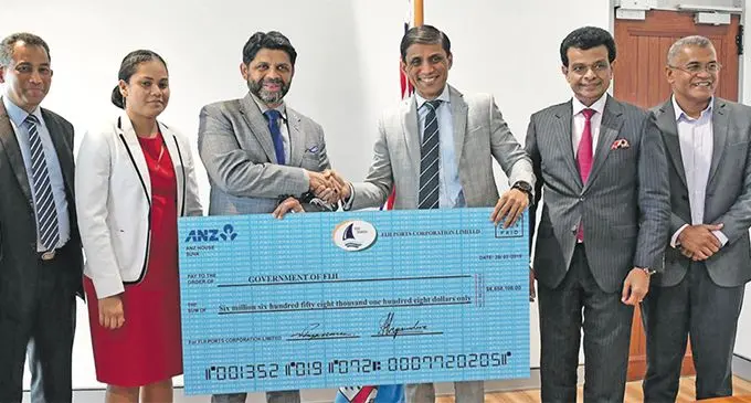 Fiji Ports Corperation Limited board chairman, Shaheen Ali presents the cheque to the Attorney-General and Minister for Economy Aiyaz Saiyed-Khaiyum on March 28, 2019.