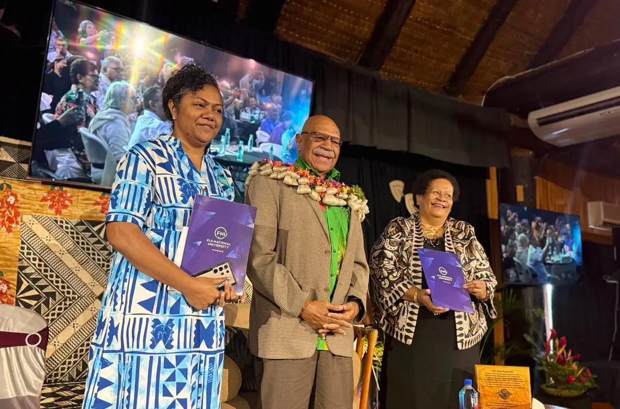 From left: Fijian Media Association president Rosi Doviverata, Prime Minister Sitiveni Rabuka, and Fiji National University Vice-Chancellor Professor Unaisi Nabobo-Baba after signing an agreement to establish the New Pacific Centre for Communication and Journalism at Wasawasa Resort in Savusavu on September 23, 2026.