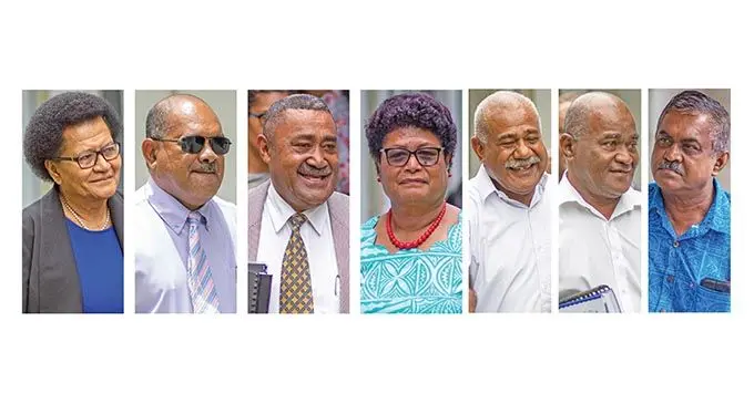 SODELPA MPs (from left)  Adi Litia Qionibaravi, Peceli Vosanibola, Ratu Suliano Matanitobua, Salote Radrodro, ) Simione Rasova, Niko Nawaikula and FijiFirst MP Vijendra Prakash outside the Magistrates Court in Suva on December 3, 2020.  Photos: Leon Lord