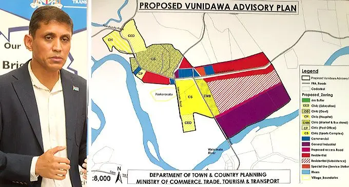 Ministry of Commerce, Trade, Tourism and Transport Permanent Secretary, Shaheen Ali and the map of a proposed plan to develop Vunidawa into a trade centre.
