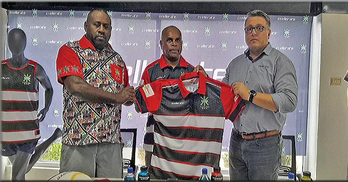 From left: Naitasiri Rugby secretary Eparama Waqainoa, treasurer Meli Rokobici and Axellerate (Fiji) executive director Anthony Toscano in Nadi on February 23, 2024. Photo: Waisea Nasokia