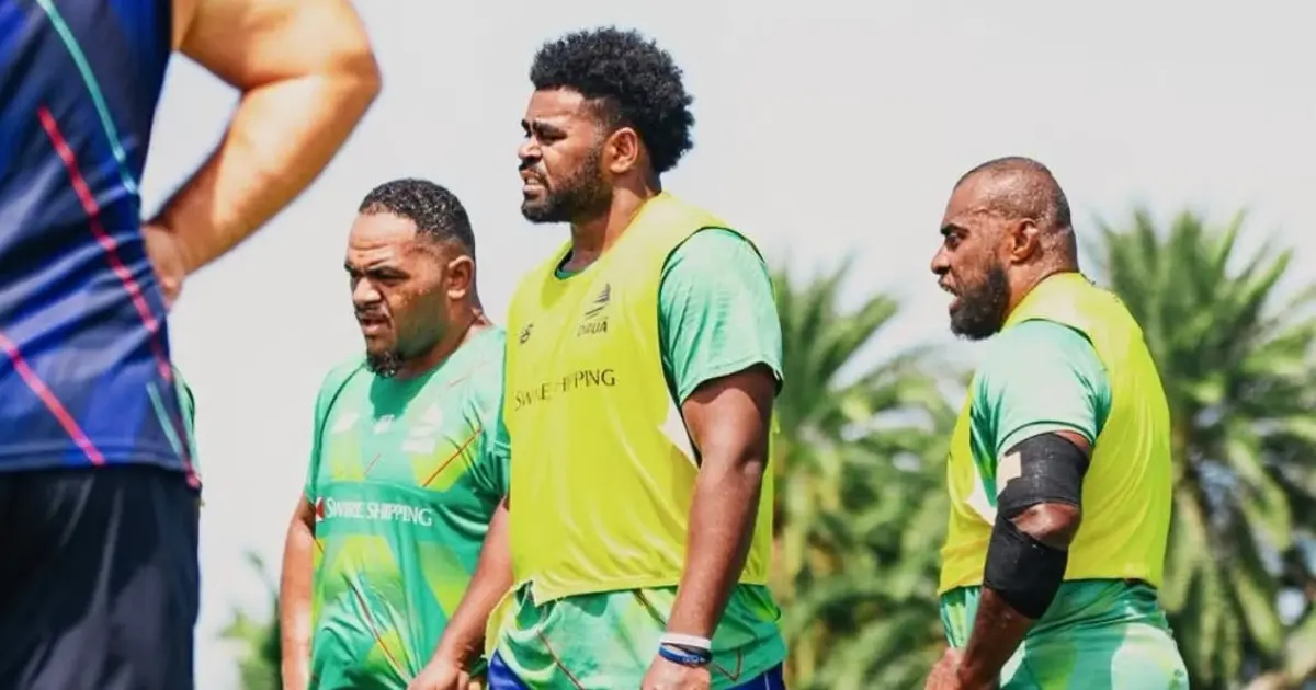 Fijian Drua props (Left-right) Meli Tuni, Harold Rounds and Peni Ravai during their training session in Nadi. 