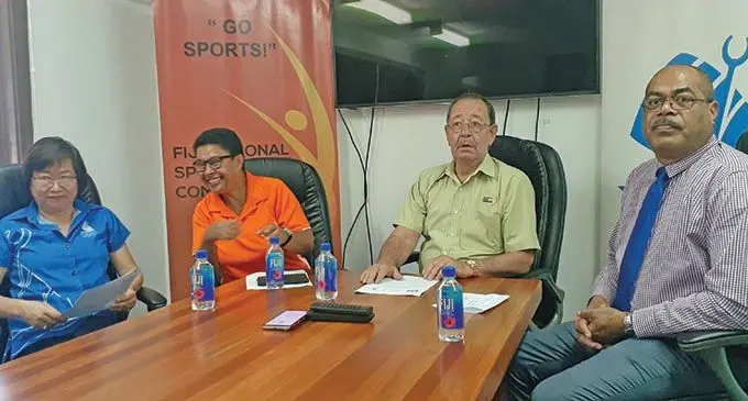 From left FASANOC chief executive officer Lorraine Mar, Cathy Wong, Fiji National Sports Commission executive chairman Peter Mazey with the Permanent Secretary for Youth and Sports Maritino Nemani on December 3,2019. Photo: Simione Haravanua