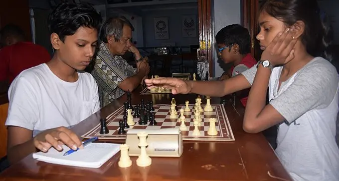 Rudir Prasad (left), is up against Tanvi Prasad during the Chess competition on April 28,2019. Photo: Simione Haravanua