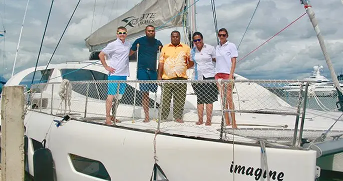 From left: Wojtek Czyz, Iliesa Delana, Iliesa Vosailagi, Port Denarau Marina executive assistant Vive Koyamaibole and Elena Brambilla following the $100,000 worth of prosthetic parts donation on October 7, 2019. Photos: Port Denarau Marina