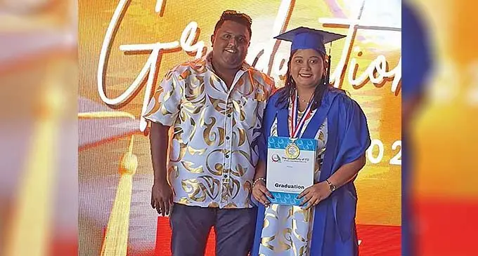 Permal Gaunderand his wife, University of Fiji graduate and gold medallist, Matina Maureen Lata. Photo: Salote Qalubau