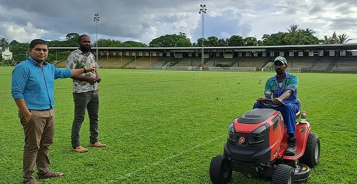 Nadi Special Administrator Lawrence Kumar, with acting manager engineering Kunal Pillay and Alesha Narayan at Prince Charles Park in Nadi on March 22, 2023. Photo: Waisea Nasokia