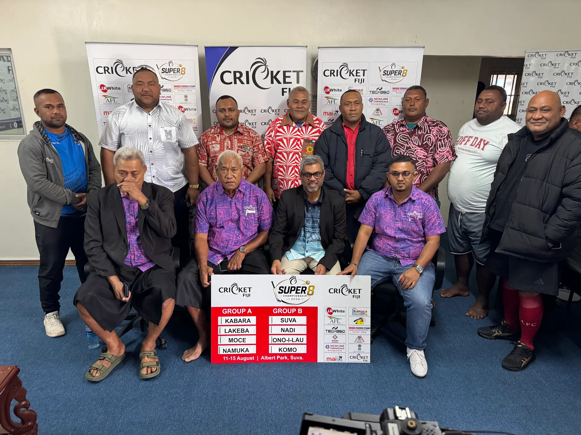 Front: Cricket Fiji board director Saimoni Vuetaki, Seremaia Misikivosa, Ajay Ballu and chief executive officer Anushil Kumar with team managers during the Super 8 pool draws at the headquarters on August 7, 2026. Photo: Sereana Salalo-Baleiwai