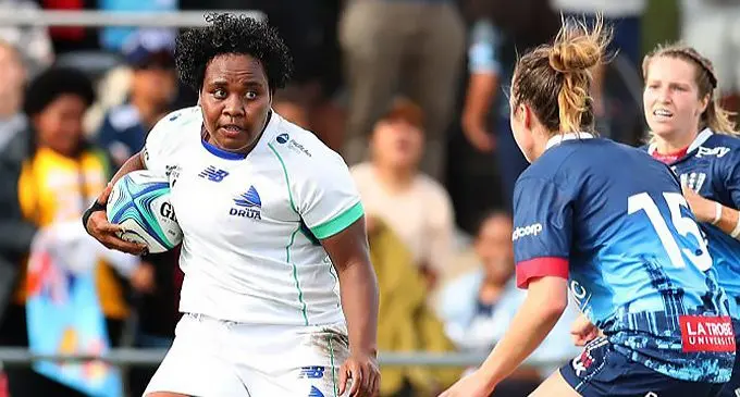 Fijiana Drua tighthead prop Karalaini Naisewa on her way to score a try in their Super W opener against Melbourne Rebels at the Endeavour Hills RC on March 5, 2022. Photo: Fijiana Drua