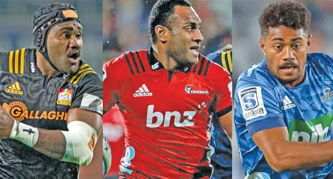 Fijian-born Chiefs flanker, Pita Gus Sowakula, rookie Blues winger Emoni Narawa and Crusaders’ Manasa Mataele will only play for the Flying Fijians once they complete their Super Rugby contract. Photo: Chiefs,TVNZ