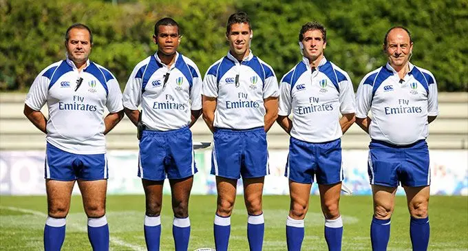 Fijian referee Tevita Rokovereni (second from left) during an earlier assignment with World Rugby 