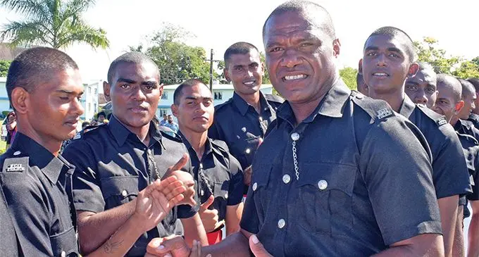 Nadroga rugby rep Ulaiasi Lawavou(right) is part of the 11 members of Nadroga rugby team that was part of the Fiji Police passing- out parade at Nasova on June 21,2019. Photo: Ronald Kumar