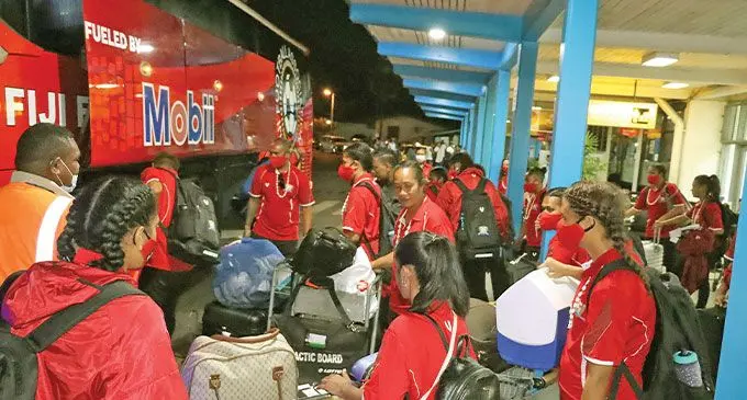 The Tongan women football team arrived at Nausori International Airport on June 30, 2022. They will play a friendly game against Fiji tomorrow at Churchill Park, Lautoka. Photo: Fiji FA Media