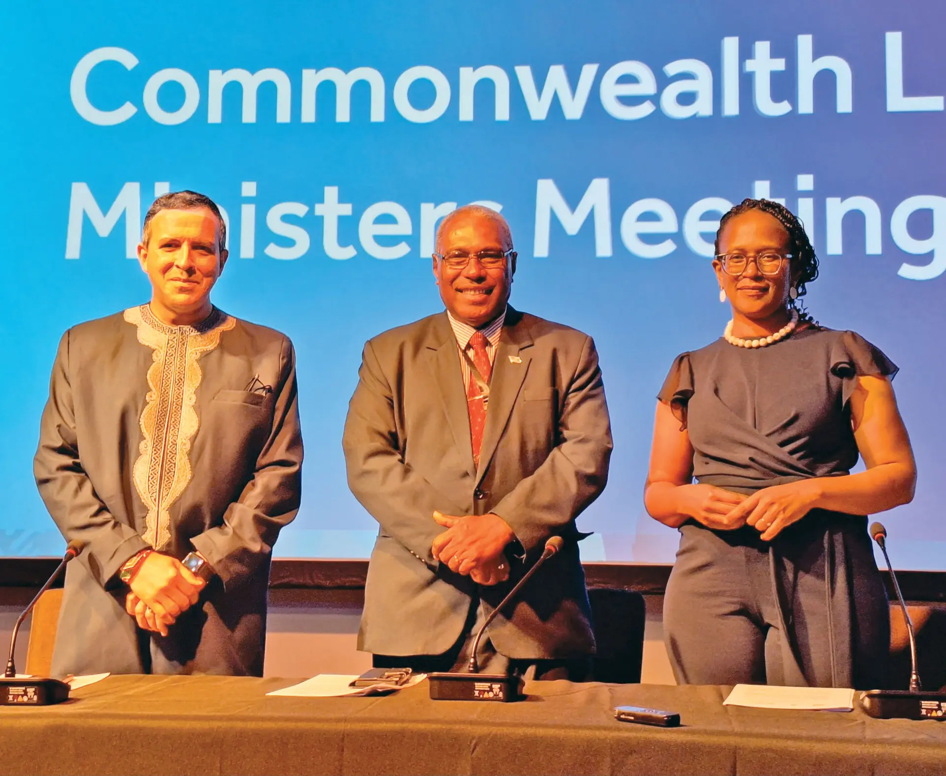 Assistant Secretary General for the Commonwealth Luis Franceschi (left), with the  CLMM chairperson, Minister for Justice and acting attorney general Siromi Turaga, and  CLMM deputy Conference Secretary and acting head of the Rule of Law Section Eliza beth Macharia, at the Commonwealth Law Ministers Meeting (CLMM) in Nadi.