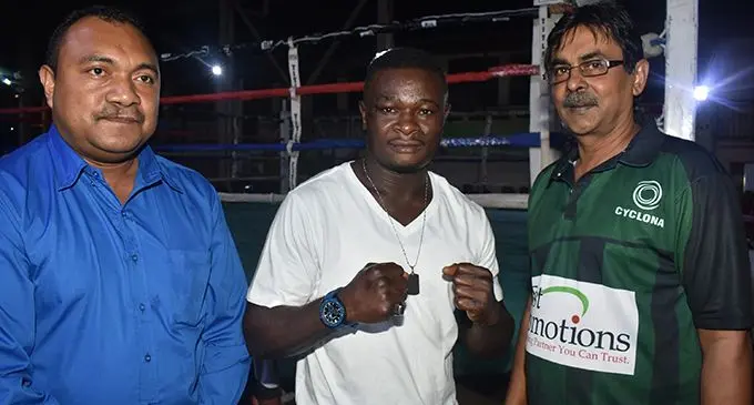 From left; Boxing Commission of Fiji president Bulutani Mataitawakilai and light heavyweight boxer Joseph Kwadjo. Today’s weigh-in is at 2.30pm today. Photo: Waisea Nasokia