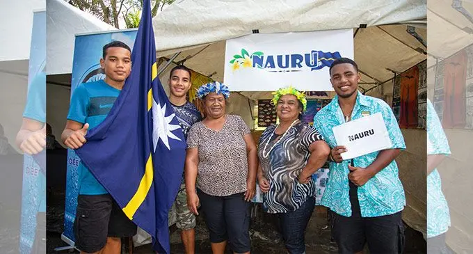 Nauru nationals. From left: Kherr Menke, Samson Dabana, Ema Ratabwiy, Sharon Aremwa and Bernard Derog at the Blue Pacific Village at Suva’s Thurston Garden on July 11, 2022. Photo: Leon Lord