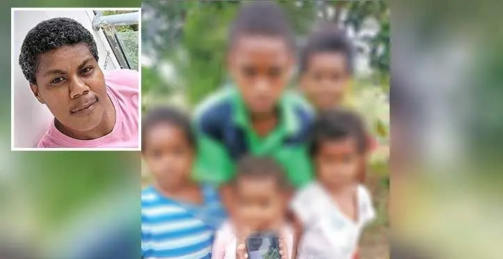 Tevita Maqu (back left) holding the picture of his mother and his four siblings at Narewa in Nadi. Inset: Kelera Sivo.