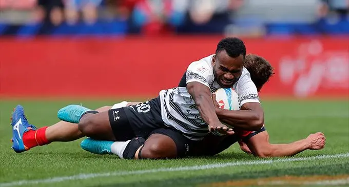 Jerry Tuwai scores a try for Fiji against Spain on day three of the HSBC France Sevens at Stade Toulousain on May 14, 2023 in Toulouse, France. Photo: World Rugby